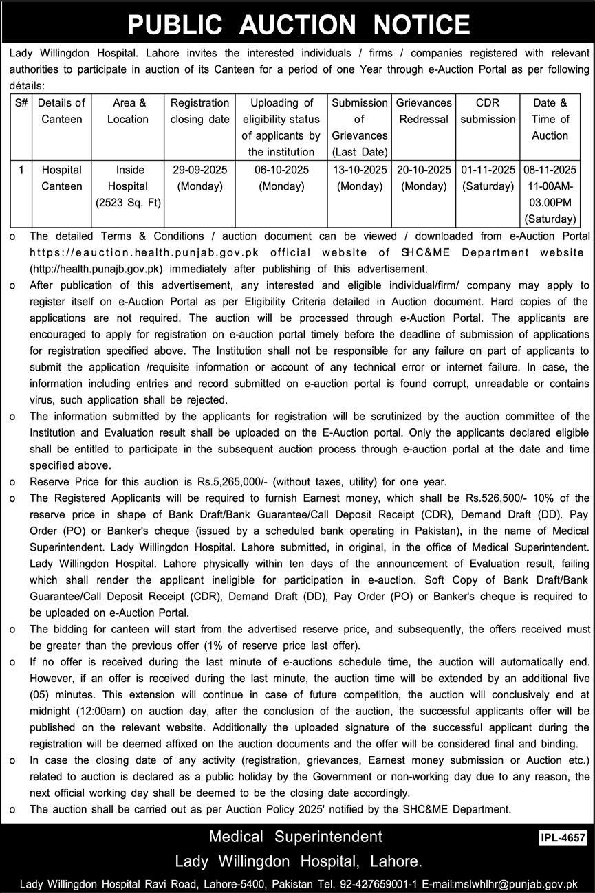 Lady Willingdon Hospital Lahore Tender Notice